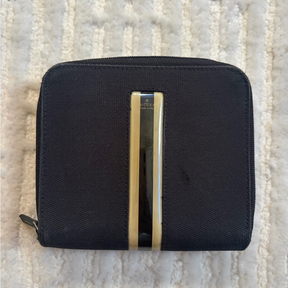 RARE Gucci Black Cream Stripe Canvas & Patent Leather Wallet